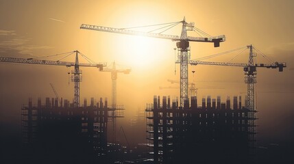 Poster - Building under construction, crane, silhouette. Generative AI.