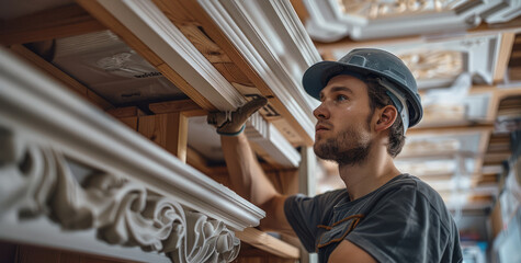 Aufkleber - A Carpenter installing wooden coving around a bookcase. Generative AI.