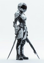 Poster - 3D rendering of science fiction samurai girl holding a futuristic Japanese samurai sword on a white background. Extremely realistic science fiction samurai girl holding a futuristic black armor suit