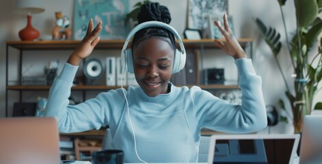 Poster - A woman dances at home with her laptop and freelance writing with music and digital article research at her desk. Planning, reading, and working on social media content with headphones.