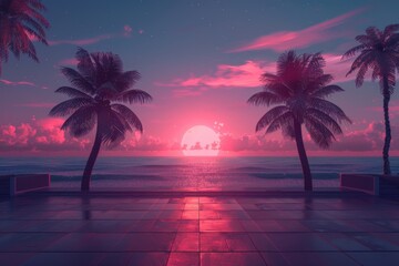Poster - A serene scene of sunset over the ocean with palm trees