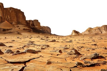 Poster - A barren desert scene with rocky outcroppings and sandy dunes in the foreground