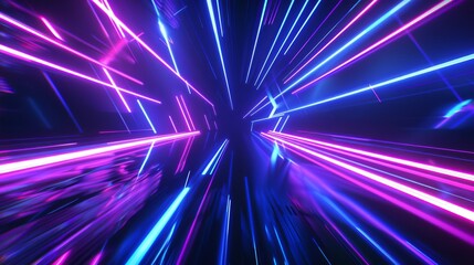 Poster - A 3D render of a hyper warp blue purple speed light streak. Abstract fast highway patch, hyper speed in space with blue purple speed light streaking through a dark background.