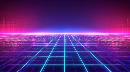 Poster - This is a 3D rendering of a metallic floor with thin blue neon light reflection strips against a futuristic background indicating fast speeds.