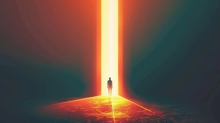 Poster - The silhouette of a man is in front of a glowing portal with an abstract cyberpunk architecture and gradient lighting in a futuristic modern background.