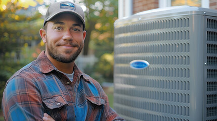 Aufkleber - A attractive HVAC technician posing next to a residential outside AC unit. Generative AI.
