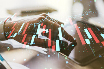 Poster - Double exposure of creative abstract global crisis chart with world map hologram and finger clicks on a digital tablet on background. Financial crisis and recession concept