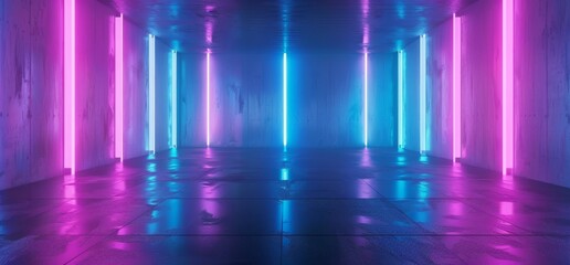 Poster - Construction Triangle Neon Laser Vibrant Classic Purple Blue Pantone Stage Dance Fashion Concrete Catwalk Club Night 3D Rendering
