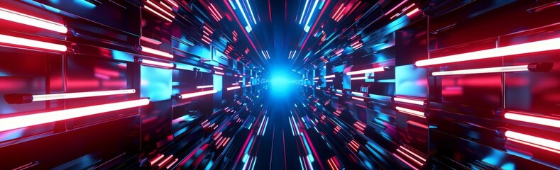 Poster - Blue red glowing light, sci-fi construction of a tube or space station, 3D model.