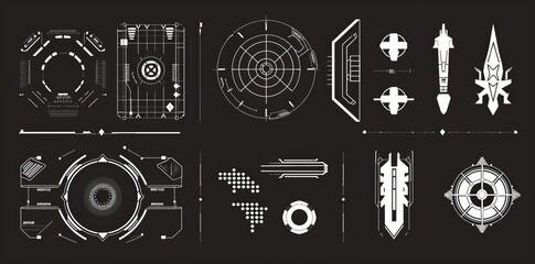 Poster - Futuristic dashboard display with VR technology screen. Futuristic User Interface set. Statistics, data information infographic. Modern illustration.