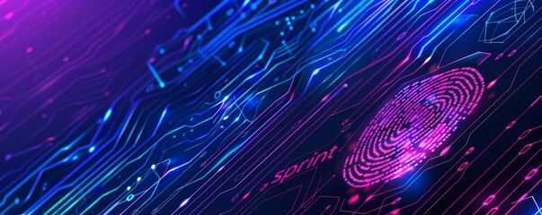 Poster - A futuristic fingerprint on a glowing computer circuit board. A dashboard display. A HUD round. A big data scenario. Scan users. A touch screen panel. A modern illustration.