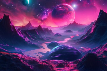 Wall Mural - asteroids and moons with moons and rocks. black hole. solar system concept. surreal fantasy cosmos. 