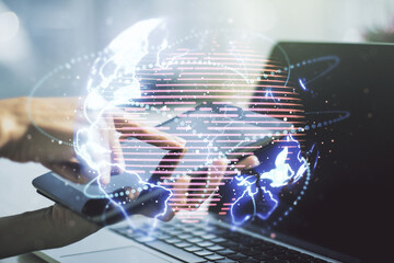 Aufkleber - Double exposure of abstract digital world map with connections and hand working with a digital tablet on background, big data and blockchain concept
