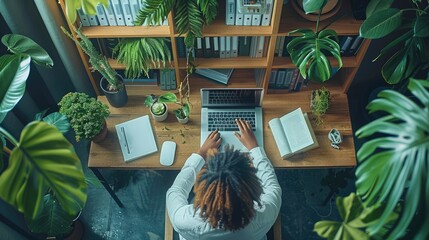 Aufkleber - A person sitting at a desk, typing on a laptop, surrounded by entrepreneurial books and resources. modern home office with natural light. top down view. Generative AI.