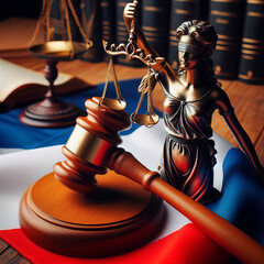 Mallet of the judge and france flag on wooden table. Justice, law theme