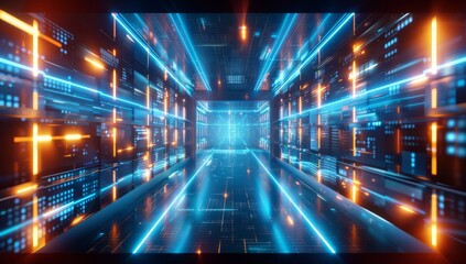Poster - A technology abstract corridor neon light background, an empty space scene, a spaceship, a dark night, a virtual reality, futuristic Sci-Fi tunnel background, a studio for mocking up.