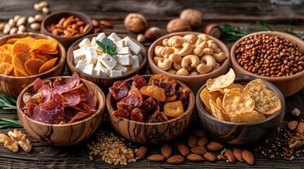 Poster - An array of zero-carb snacks including beef jerky, cheese crisps, and nuts, displayed in small bowls on a rustic wooden table. The snacks are presented in an appealing manner. Generative AI.