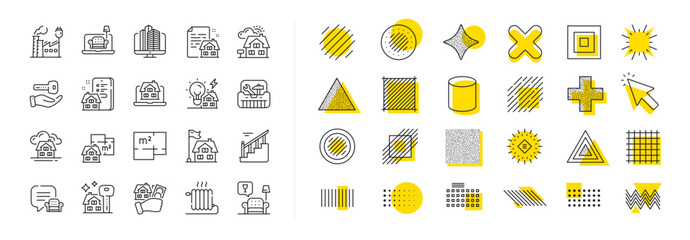 Poster - Home floor plan, Apartment furniture and Real estate set. Design shape elements. Buildings property line icons. Factory building, city office and property mortgage line icons. Vector