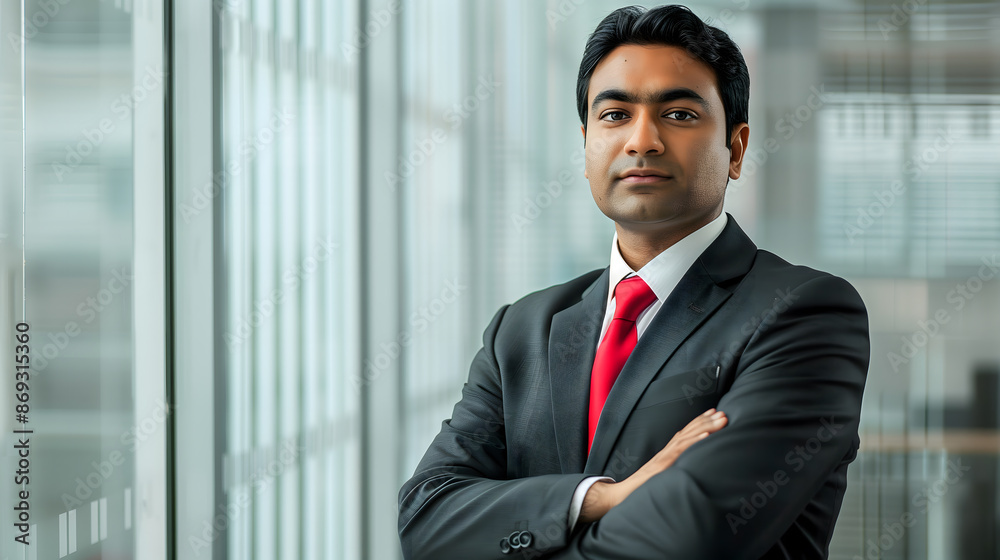 an Indian man in his late thirties, wearing a business suit and red tie ...