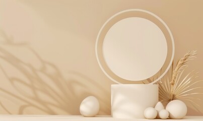 Poster - A 3D render of a realistic pastel display podium for a cosmetics presentation or product mockup in a colorful pastel studio, featuring a cylinder pedestal and geometric shapes as the background.