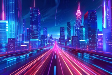 Poster - Trails of high speed light across the city the speed of light trailing through a smart modern mega city with skyscrapers in the background, futuristic neon background, motion effect, high speed