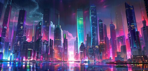 Canvas Print - This is an aerial view of a cyberpunk neon city street at night. It is in a sci-fi art style. The wallpaper is 80's wallpaper with a retro future feel.