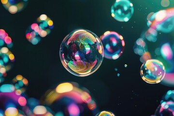 Poster - A bunch of soap bubbles floating in the air, with soft focus and blurred background