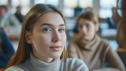 Young mother sitting at parent-teacher meeting in school classroom