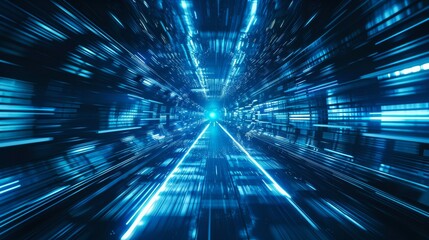 Poster - The 3D rendering depicts a hyperspace tunnel adorned with neon lights, abstract futuristic business and modern technology. Background is a beautiful blue abstract design which contrasts futuristic