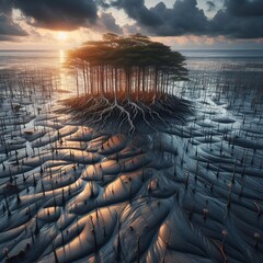 Sticker - Mudflat A coastal wetland area covered by shallow water and expo