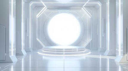 Poster - An empty stage with futuristic white illustration and a sci-fi style digital rendering: a line drawing with computer graphics