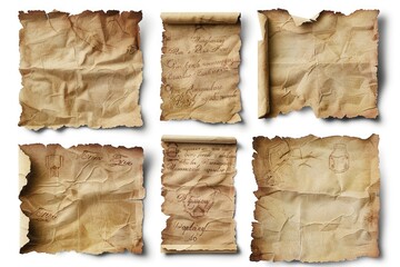 Aufkleber - A collection of vintage papers with yellowed edges and watermarks, arranged on a clean white surface
