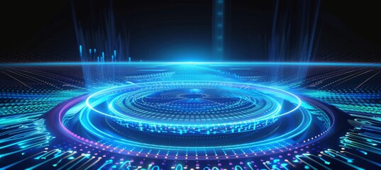 Poster - The glowing rings in this HUD are connected with sparkling energy flashing into cyberspace. A futuristic electronic circuit board is also included. Abstract technology communication design.