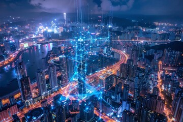 Poster - Smart futuristic city technology with digital glowing light reflection, smart modern mega city with neon technology background, night life Smart futuristic city with big data technology.