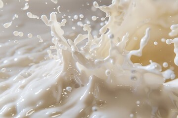 Poster - A close-up view of milk being poured into a bowl, great for use in recipes or food-related content