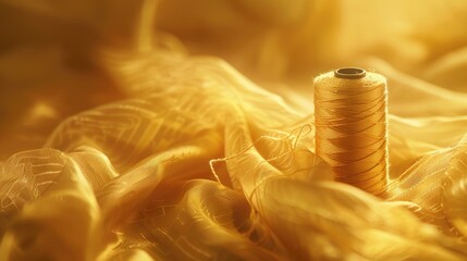 Aufkleber - A spool of thread resting on a pile of colorful fabric, great for use in craft or sewing projects