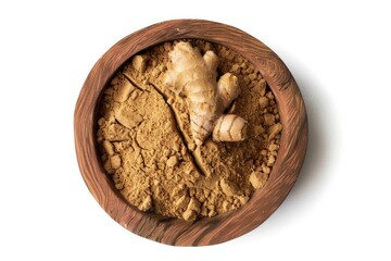 Poster - A close-up shot of a wooden bowl filled with a mixture of ginger
