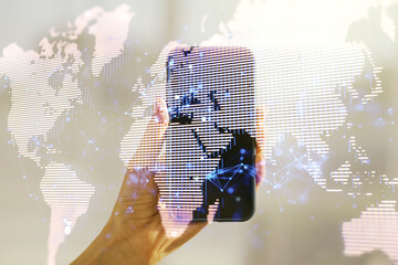 Aufkleber - Multi exposure of abstract creative digital world map and hand with cell phone on background, research and analytics concept