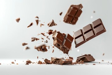 Wall Mural - Isolated on background, chocolate bar wafer falling with flakes of chocolate in the air, peanut crispy snack, dessert sweet concept, dark chocolate piece.