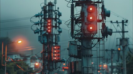 Aufkleber - Devices with wireless, power transmission towers, Overwatch style, power equipment, sense of technology. Generative AI.