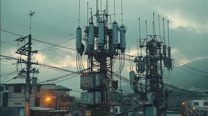 Aufkleber - Devices with wireless, power transmission towers, Overwatch style, power equipment, sense of technology. Generative AI.