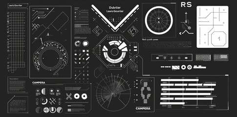 Poster - Modern sci-fi banners. Black and white colors. Abstract tech elements collection. Futuristic HUD design elements. Cyberpunk frames and borders.