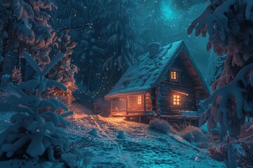 Poster - A cozy cabin in the heart of a snowy forest on a cold winter night, perfect for a peaceful getaway or a romantic evening