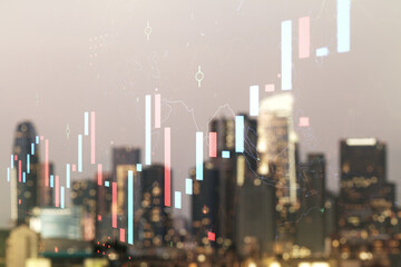 Aufkleber - Double exposure of abstract creative financial chart hologram on blurry cityscape background, research and strategy concept