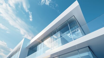 Canvas Print - An architectural rendering showing a surreal building with glass on a concrete floor, white walls, and blue skies.