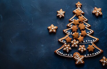 Gingerbread Christmas Tree Cookies on Blue Background