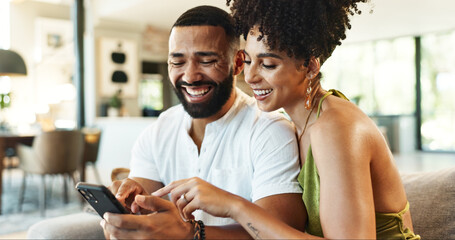 Poster - Couple, phone and couch with social media, smile and scroll together in home with app. Online shopping, streaming and happy people with technology and mobile video with web meme on the internet