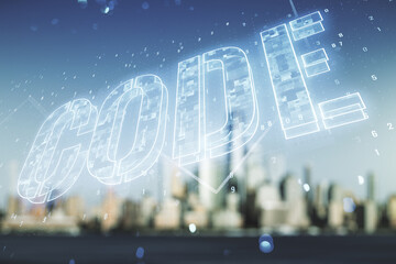 Poster - Code word hologram on blurry skyscrapers background, international software development concept. Multiexposure