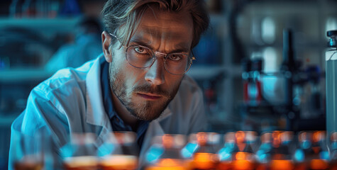 Aufkleber - A handsome scientist in a lab, scientific equipment as a background. Generative AI.