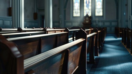 Wall Mural - Row of wooden pews in a traditional church interior, suitable for use as a background image or for representing faith and spirituality